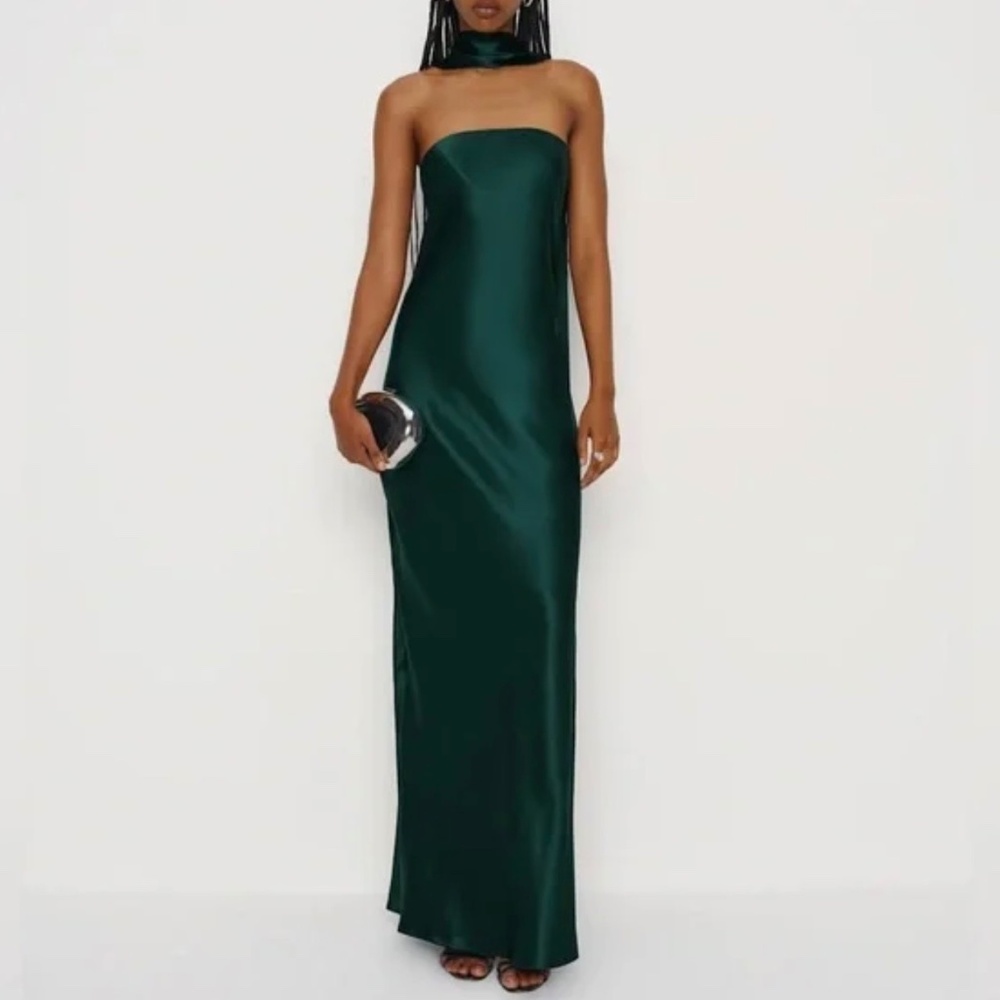 Reformation Emerald Green Strapless Satin Maxi Dress
